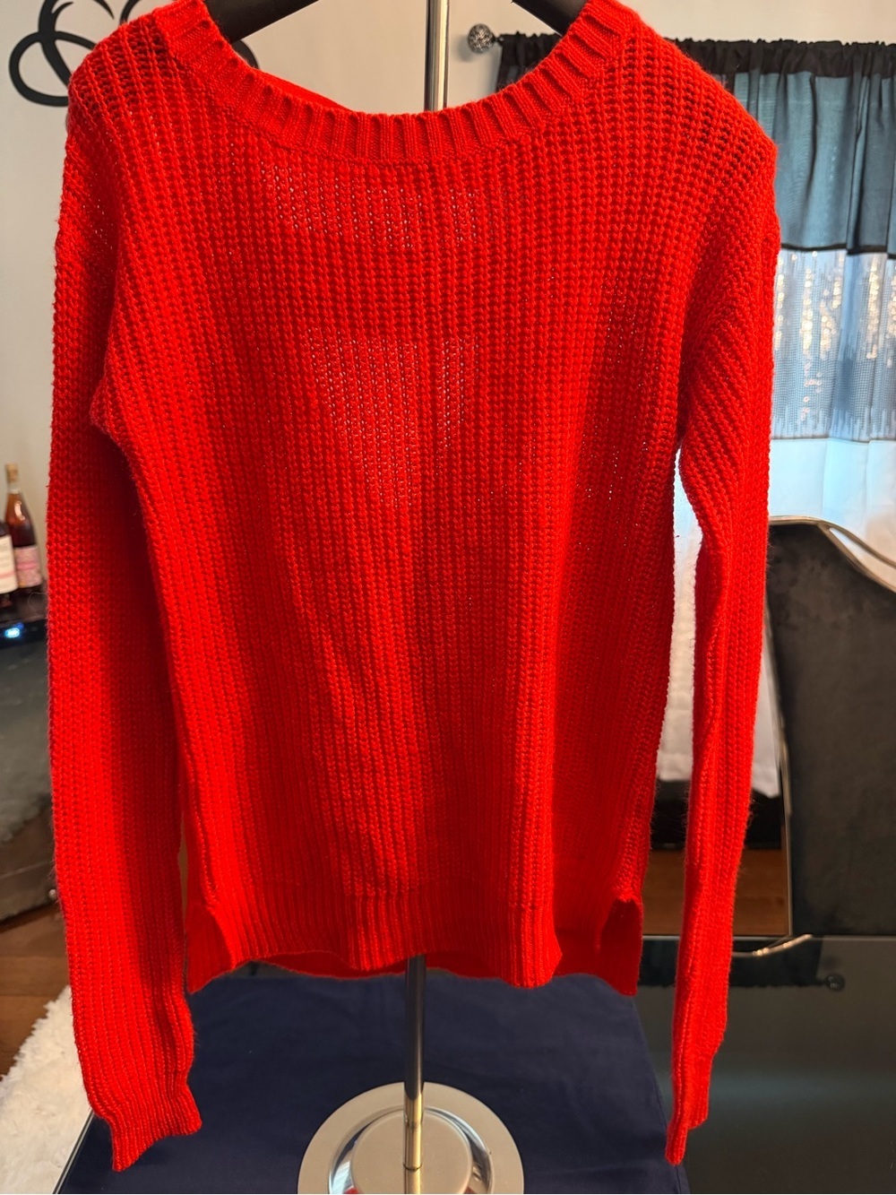 Yoki Bright Red Open-Knit Crewneck Sweater